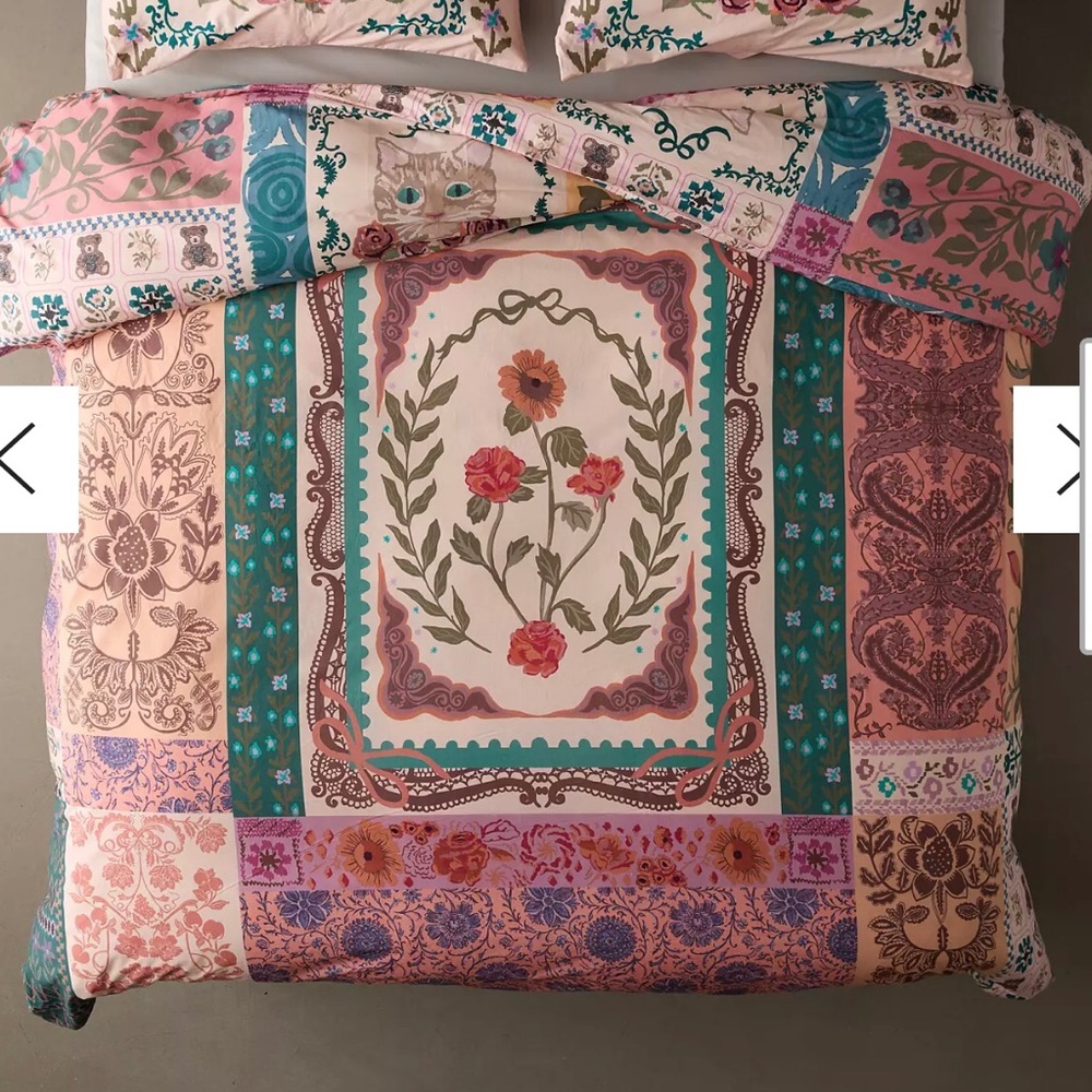 Floral Patchwork Cotton Duvet Cover - Pink & Teal Twin\ XL